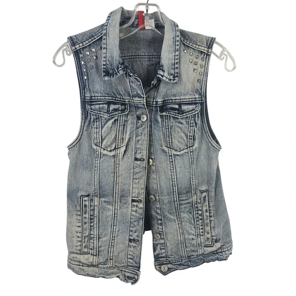 Vintage y2k Distressed Studded Denim Trucker Punk Grunge Jean Jacket Vest‎ Jr Sm